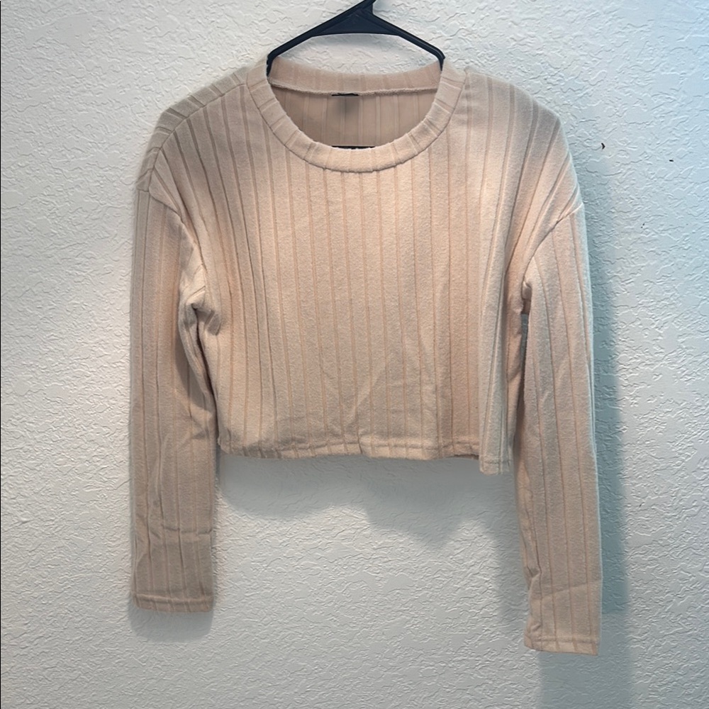 Beige Ribbed Long Sleeve Crop Top